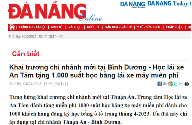 Ảnh chụp bài báo: Báo Đà Nẵng — Khai trương chi nhánh mới tại Bình Dương - Học lái xe An Tâm tặng 1.000 suất học bằng lái xe máy miễn phí