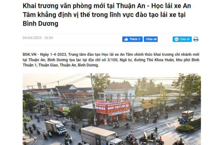 Ảnh chụp bài báo: Báo Đồng Khởi — Khai trương văn phòng mới tại Thuận An - Học lái xe An Tâm khẳng định vị thế trong lĩnh vực đào tạo lái xe tại Bình Dương