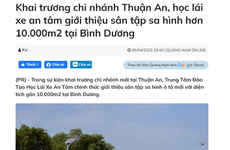 Ảnh chụp bài báo: Báo Quảng Nam — Khai trương chi nhánh Thuận An, học lái xe an tâm giới thiệu sân tập sa hình hơn 10.000m2 tại Bình Dương