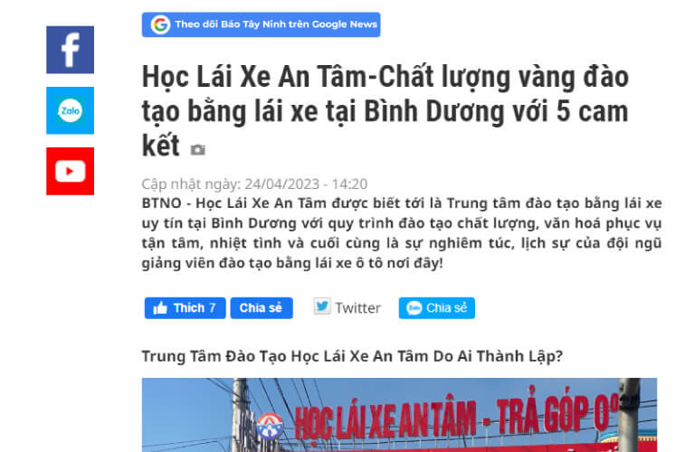 Ảnh chụp bài báo: Báo Tây Ninh — Học Lái Xe An Tâm-Chất lượng vàng đào tạo bằng lái xe tại Bình Dương với 5 cam kết