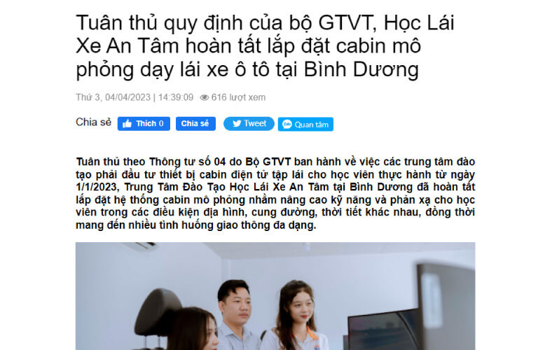Ảnh chụp bài báo: Báo Thái Bình — Tuân thủ quy định của bộ GTVT, Học Lái Xe An Tâm hoàn tất lắp đặt cabin mô phỏng dạy lái xe ô tô tại Bình Dương